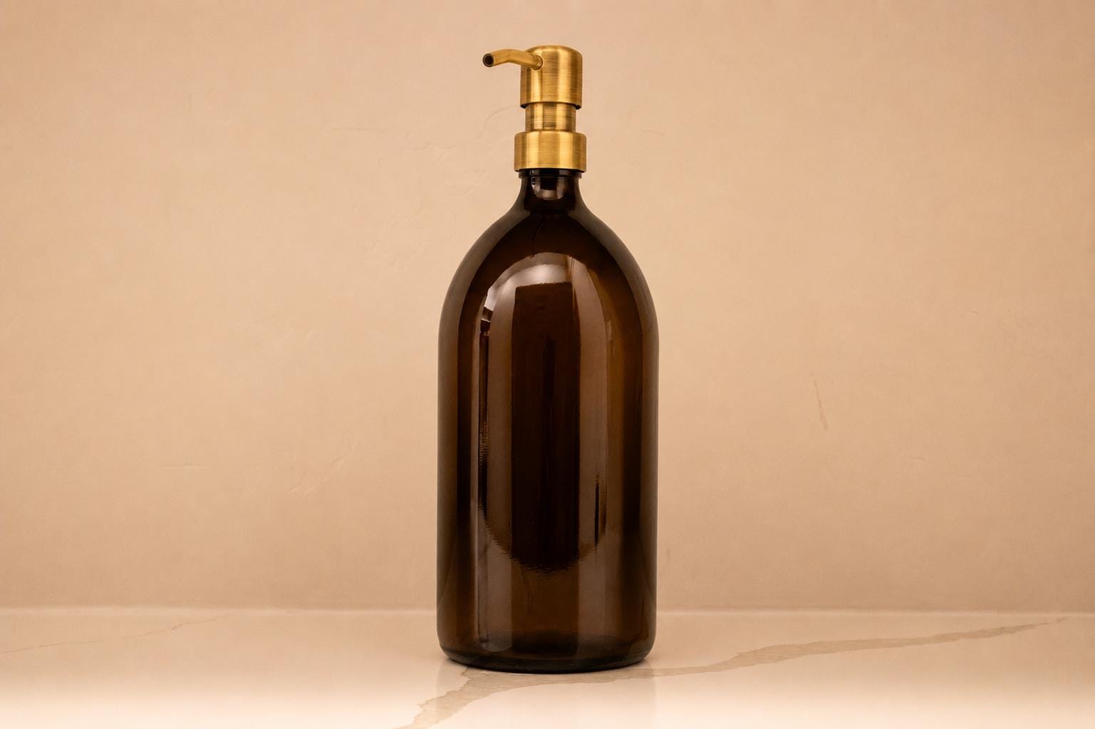 32 oz refillable amber glass bottle, antique brass pump
