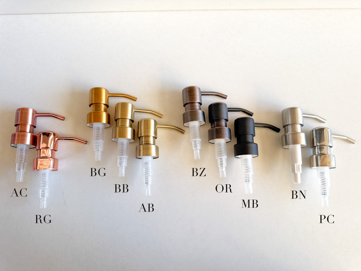 Pump finish guide, left to right: AC Antique Copper, RG Rose Gold, BG Brushed Gold, BB Brushed Brass, AB Antique Brass, BZ Brushed Bronze, OR Oil Rubbed Bronze, MB Matte Black, BN Brushed Nickel, PC Polished Chrome